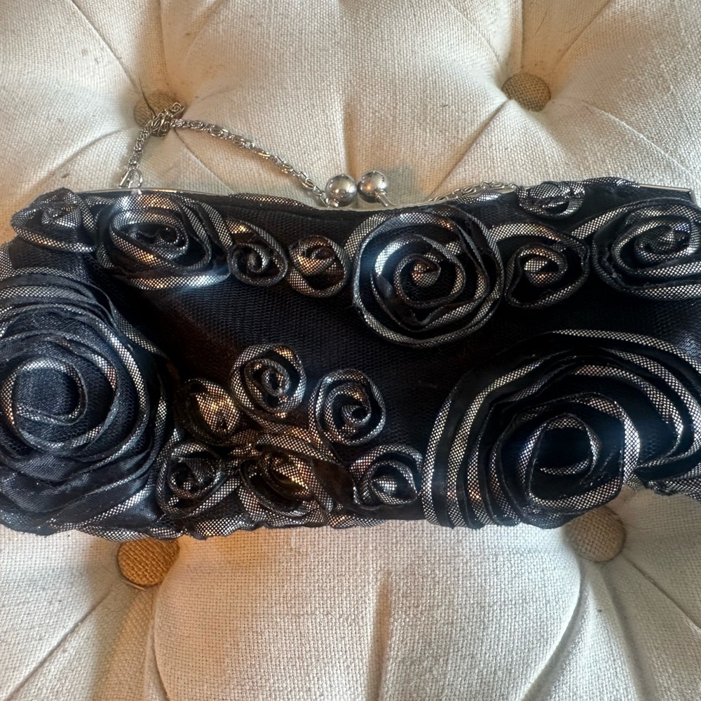 Rachel Black and Silver Rose Clutch